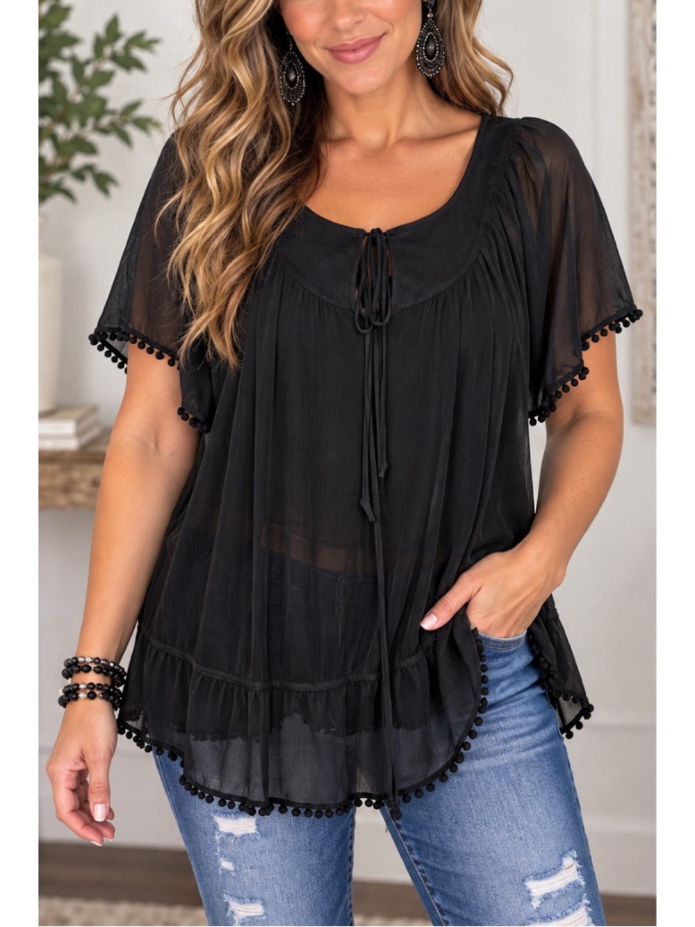 Mossimo Black Semi-Sheer Tunic Top- Medium